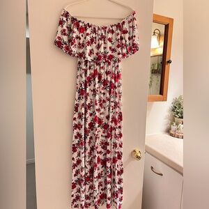 Long floral maxi dress with red roses